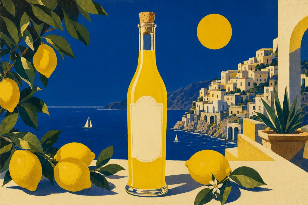 Fles limoncello op een terras aan de Amalfikust, in vintage Italiaanse posterstijl