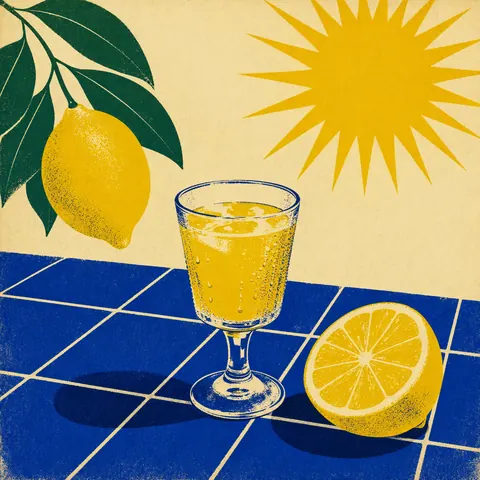Glas ijskoude limoncello op blauwe tegels in de zon